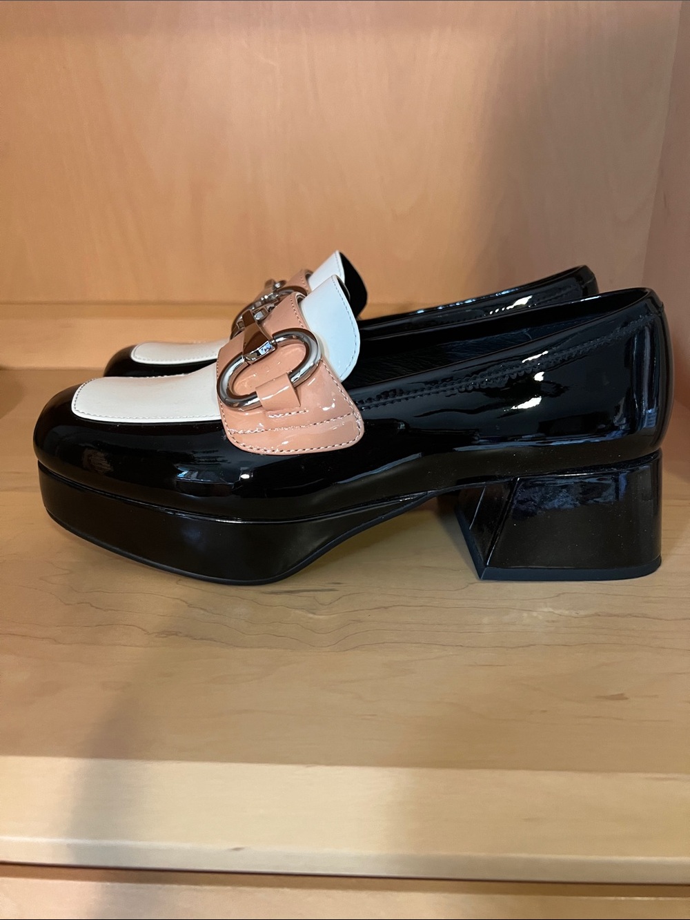 Jeffrey Campbell Black White and Beige Patent Horsebit Platform Loafers - Picture 2 of 9